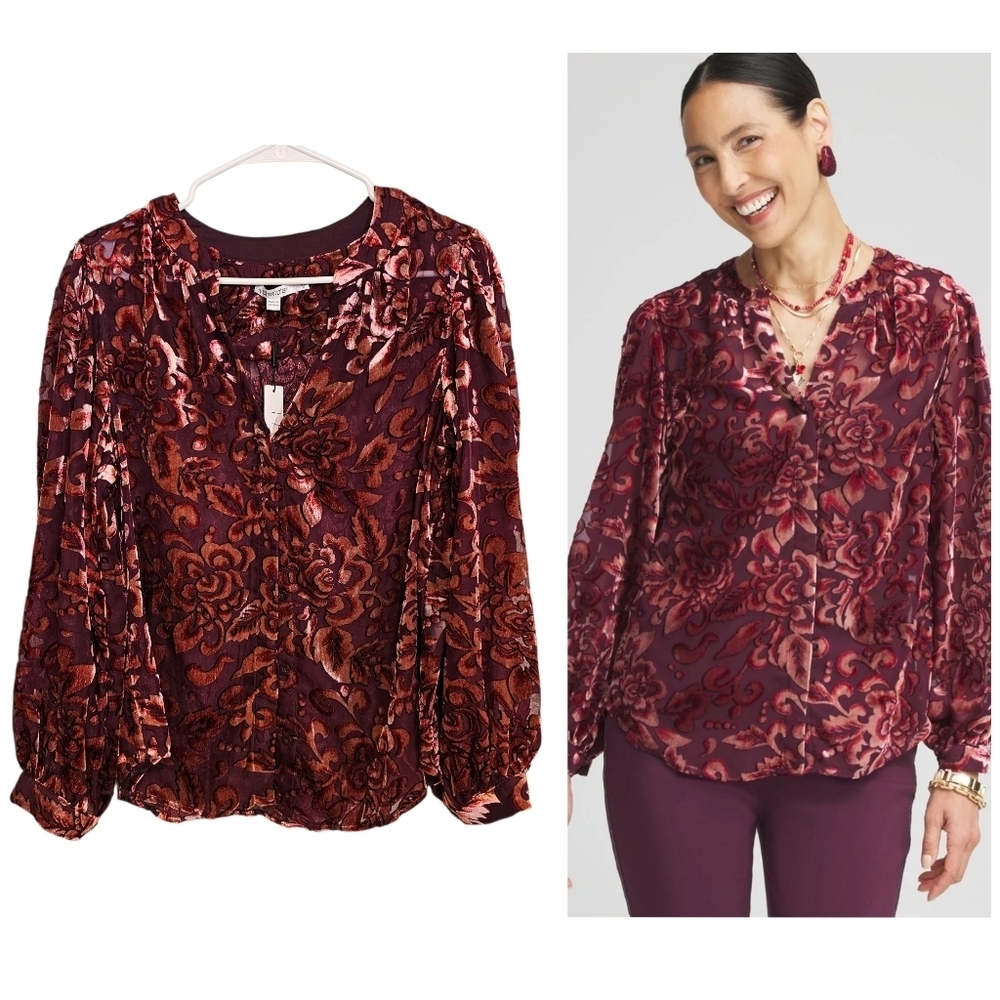 Chico's Burnout Velevt Floral Button Down Blouse Burgundy Maroon
